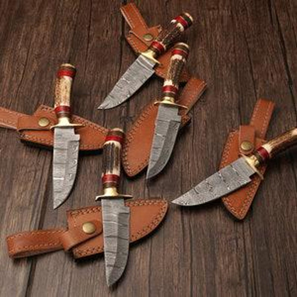 Personalized Set of Groomsmen Damascus Steel Hunting knife Handle Deer Antler