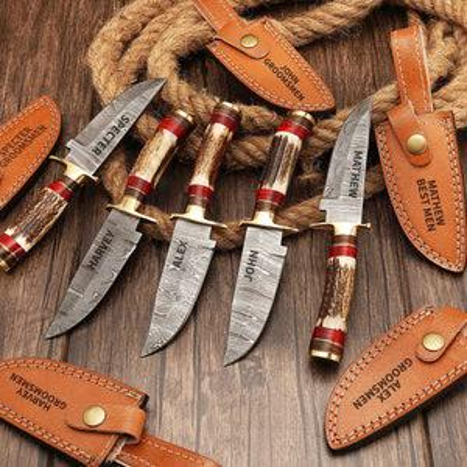 Personalized Set of Groomsmen Damascus Steel Hunting knife Handle Deer Antler