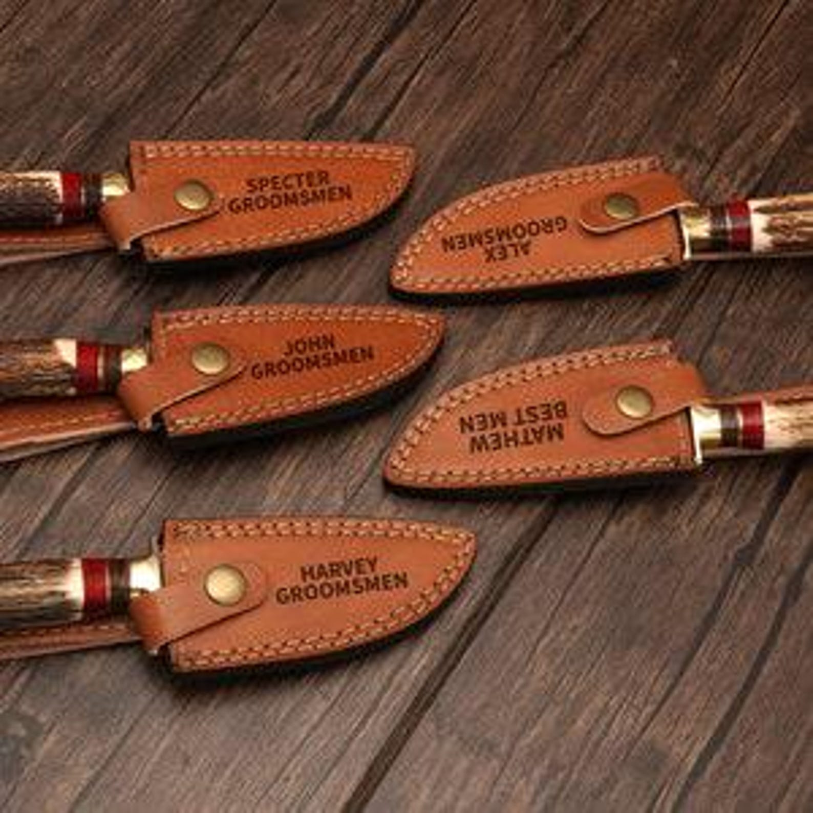 Personalized Set of Groomsmen Damascus Steel Hunting knife Handle Deer Antler