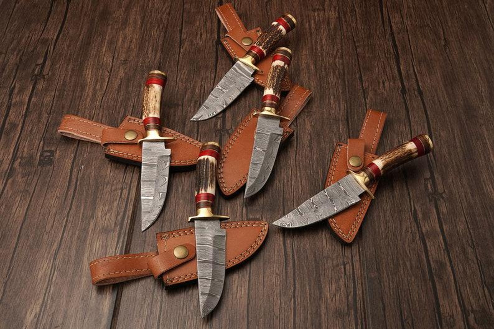Personalized Set of Groomsmen Damascus Steel Hunting knife Handle Deer Antler
