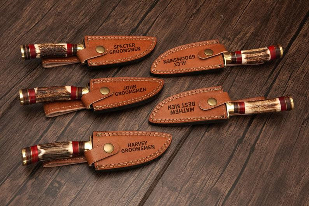 Personalized Set of Groomsmen Damascus Steel Hunting knife Handle Deer Antler