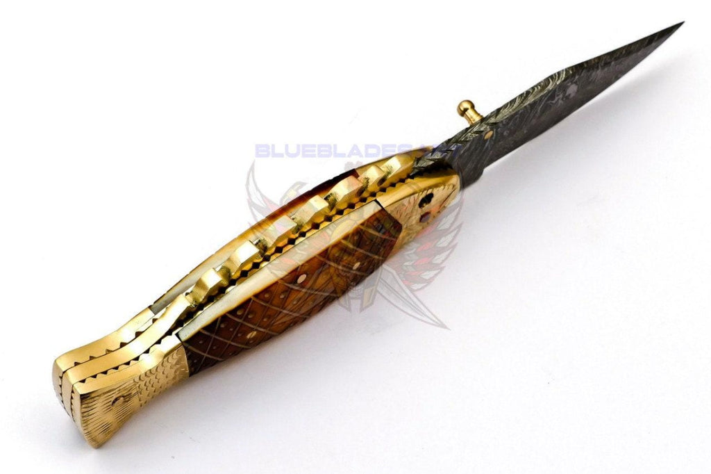 Personalized Custom Damascus Steel Folding knife Fish knife Pocket Knife Handle Makarta Sheet Best Gift with Leather Sheath
