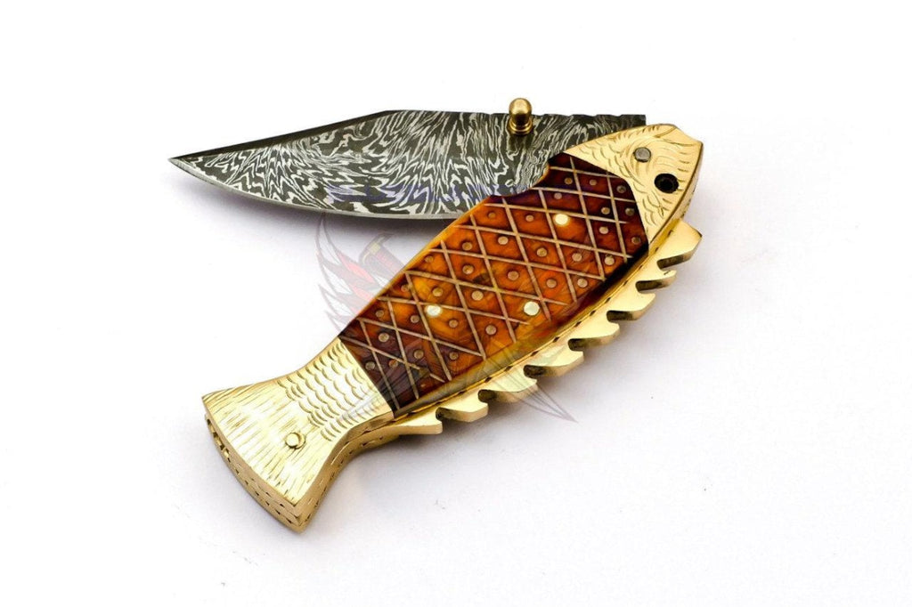 Personalized Custom Damascus Steel Folding knife Fish knife Pocket Knife Handle Makarta Sheet Best Gift with Leather Sheath