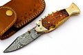Personalized Custom Damascus Steel Folding knife Fish knife Pocket Knife Handle Makarta Sheet Best Gift with Leather Sheath