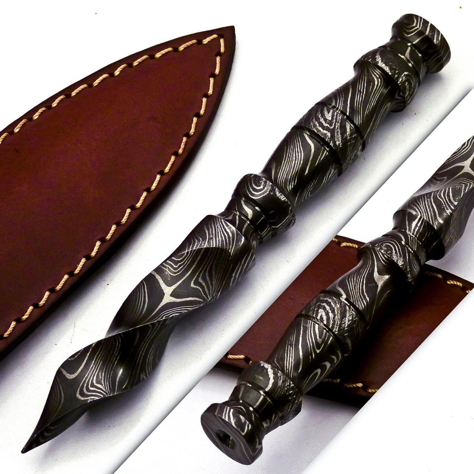 Personalized 6.5 inch Custom Forged Hunter Damascus Steel Tri Dagger Hand Forged Twisted Pattern Kris Dagger W Leather Cover