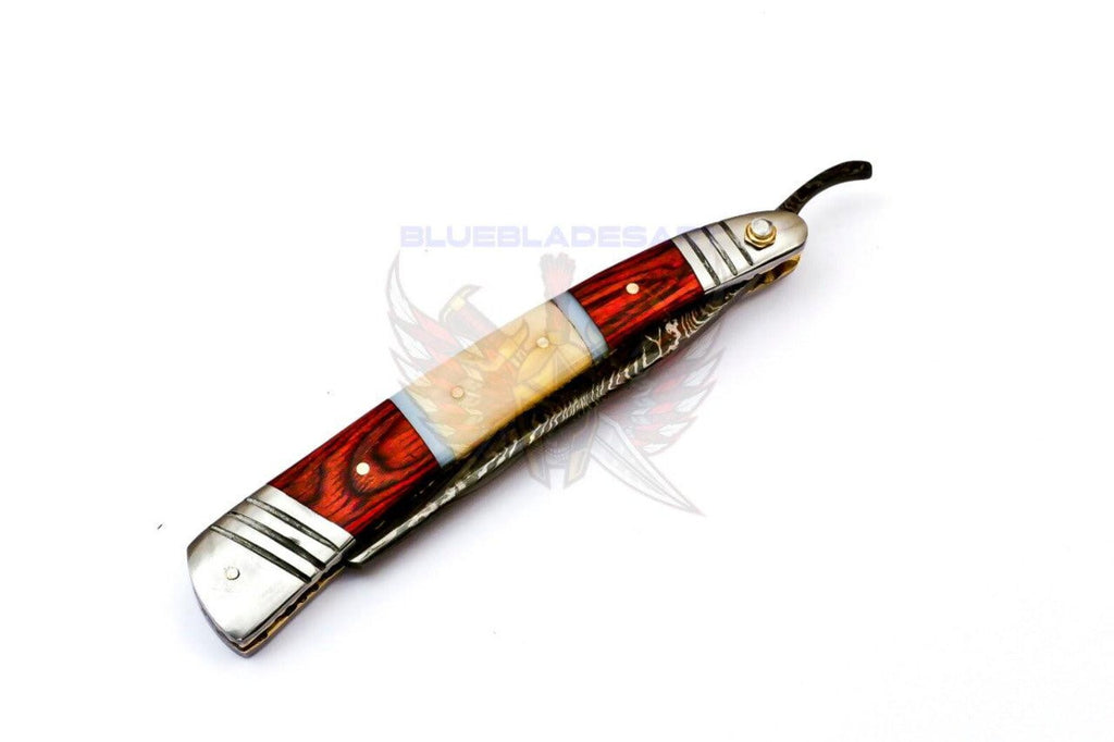 Personalized Damascus Folding Pocket Custom Blade Straight Razor very sharp with leather sheath- B-264
