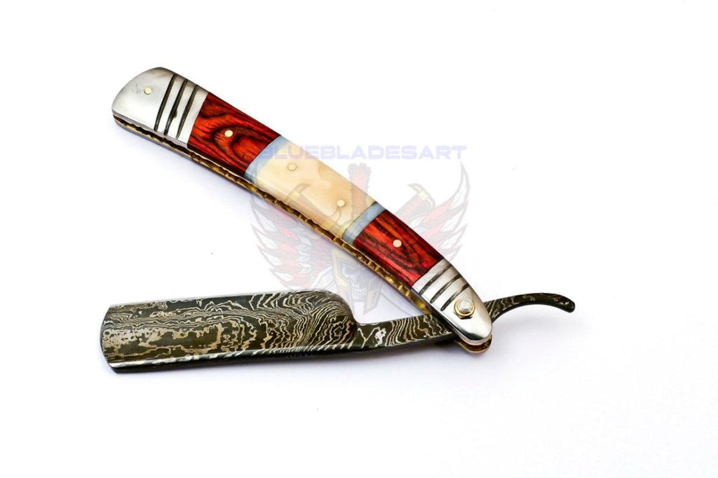 Personalized Damascus Folding Pocket Custom Blade Straight Razor very sharp with leather sheath- B-264