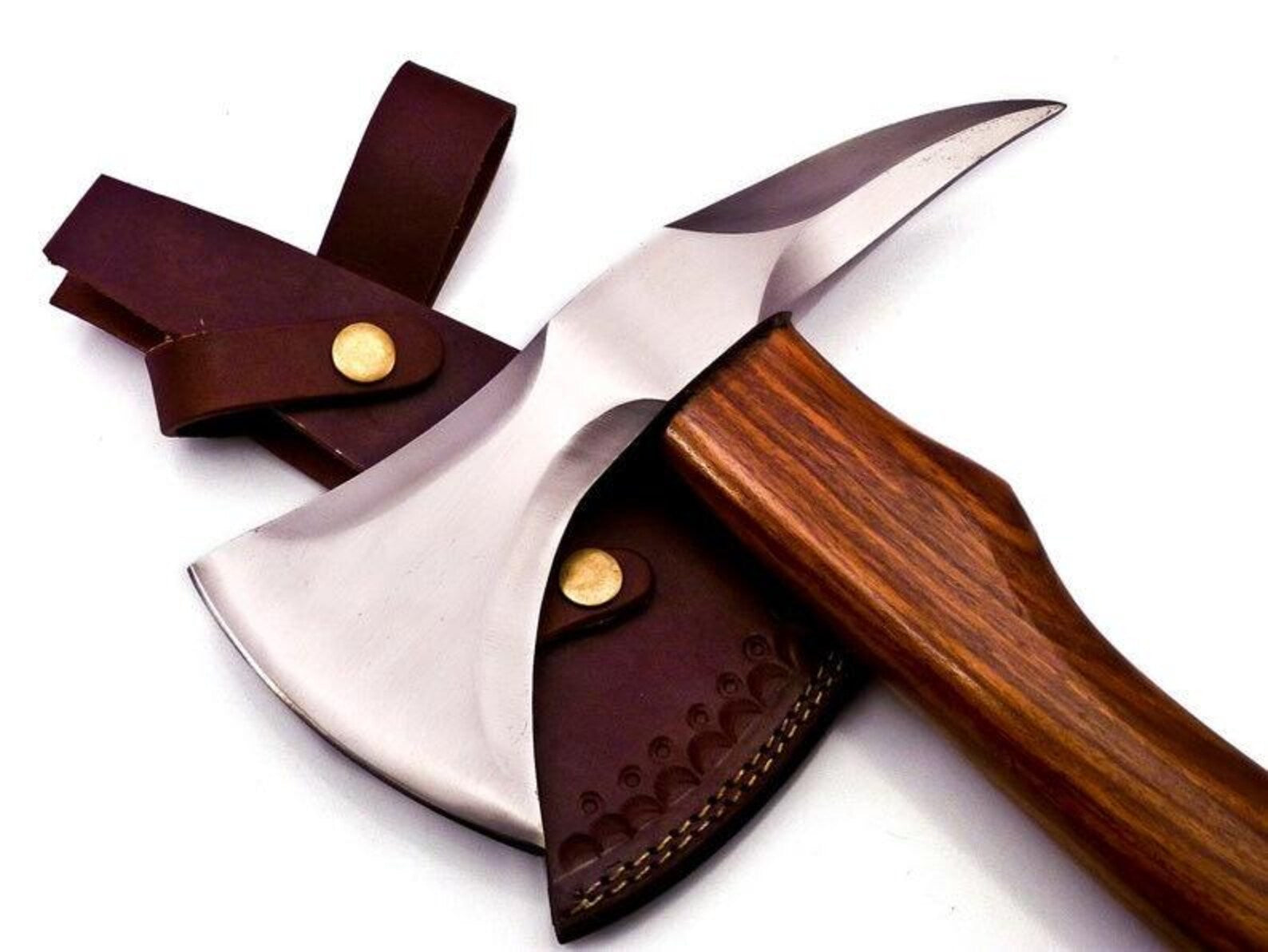 17.5" Custom Forged Carbon Steel Hunting Axe Fixed Blade with Beautiful Design on it Handle Wood With Leather Sheath