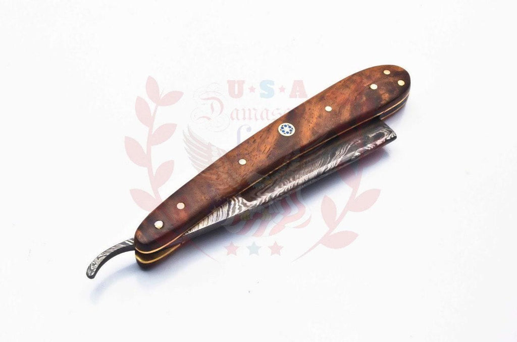 Personalized Damascus Folding Pocket Custom Blade Straight Razor very sharp with leather sheath
