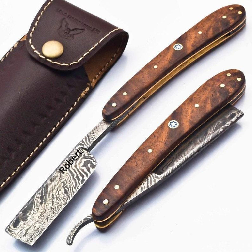 Personalized Damascus Folding Pocket Custom Blade Straight Razor very sharp with leather sheath