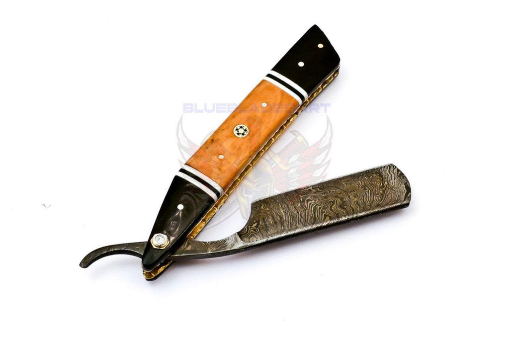 Personalized Damascus Folding Pocket Custom Blade Straight Razor very sharp with leather sheath