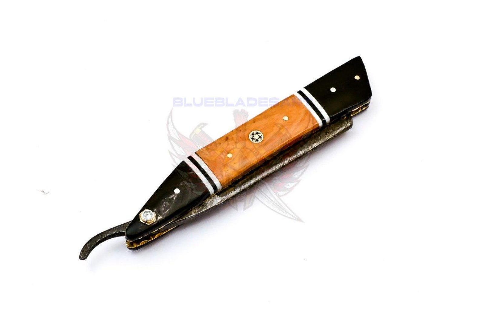 Personalized Damascus Folding Pocket Custom Blade Straight Razor very sharp with leather sheath