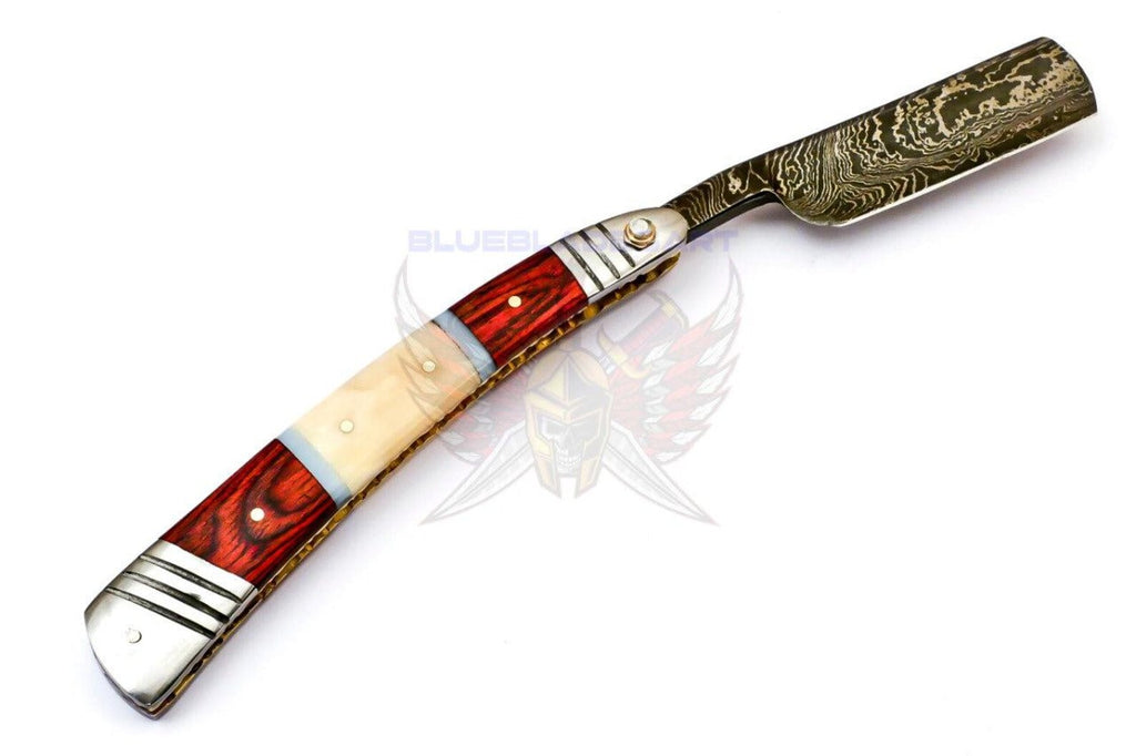Personalized Damascus Folding Pocket Custom Blade Straight Razor very sharp with leather sheath- B-264