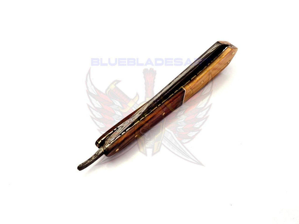 Personalized Damascus Folding Pocket Custom Blade Straight Razor very sharp with leather sheath- B-309