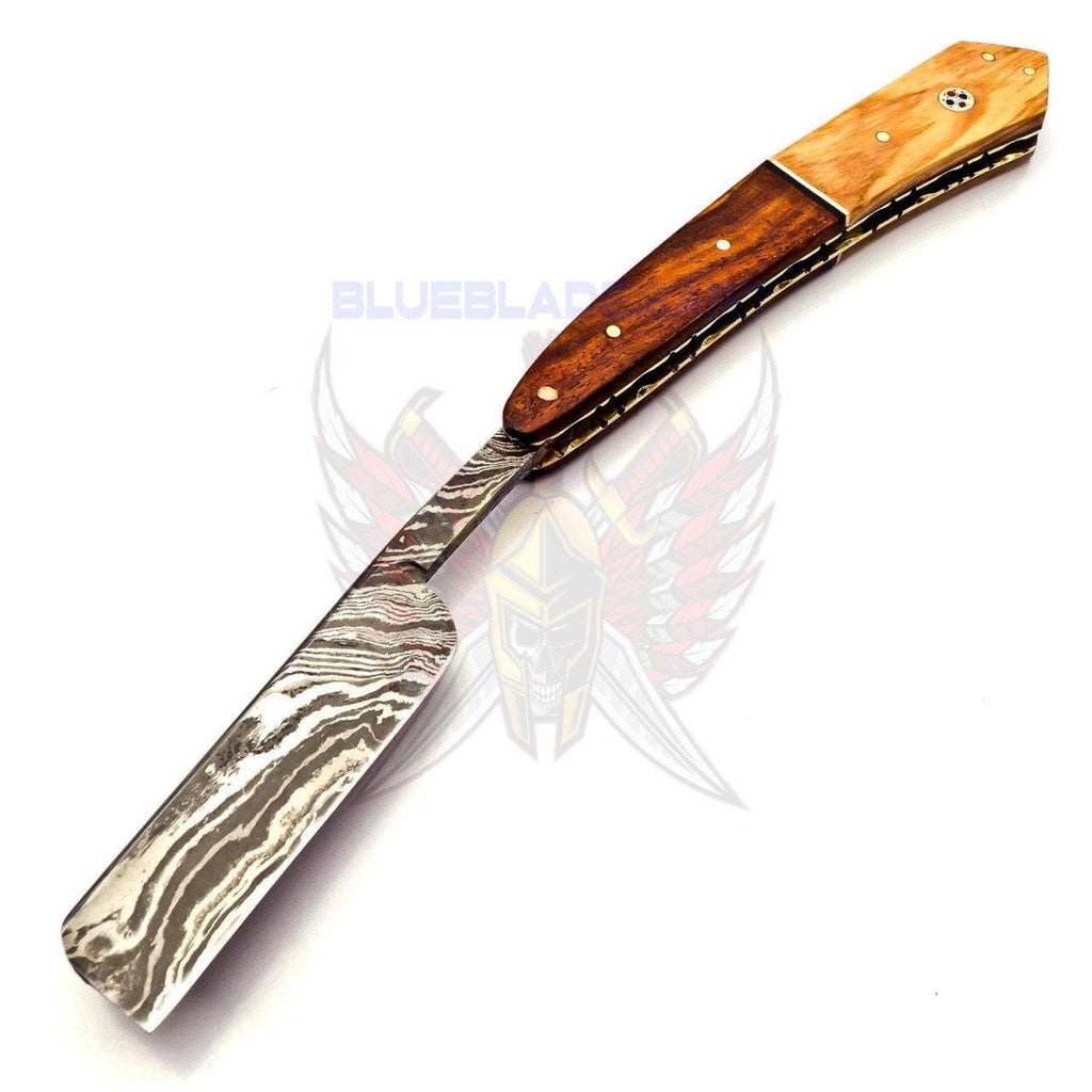 Personalized Damascus Folding Pocket Custom Blade Straight Razor very sharp with leather sheath- B-309