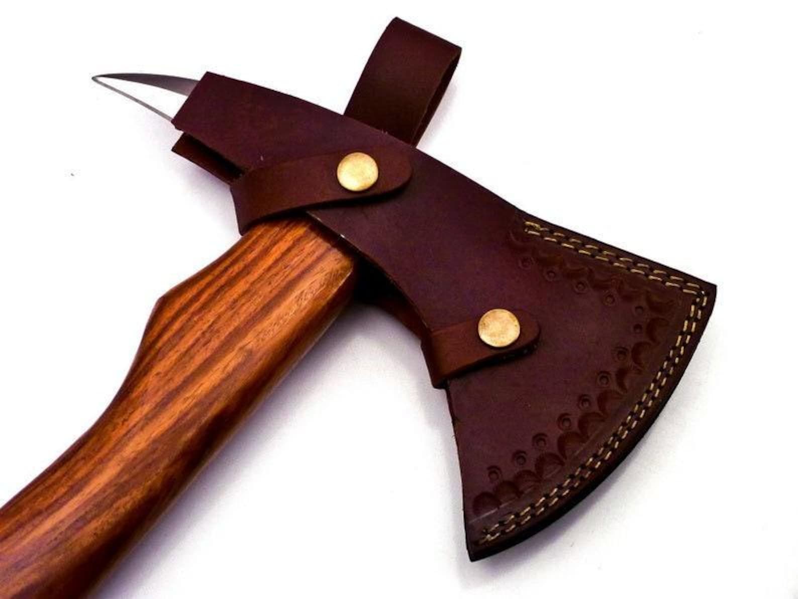 17.5" Custom Forged Carbon Steel Hunting Axe Fixed Blade with Beautiful Design on it Handle Wood With Leather Sheath