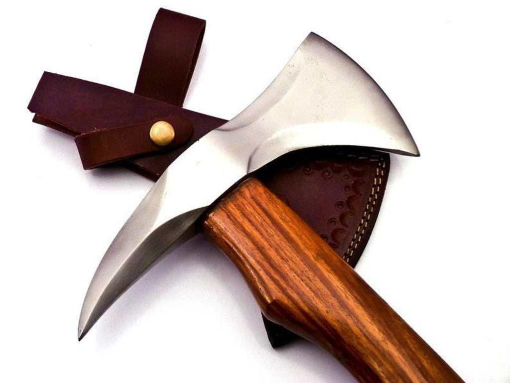 17.5" Custom Forged Carbon Steel Hunting Axe Fixed Blade with Beautiful Design on it Handle Wood With Leather Sheath