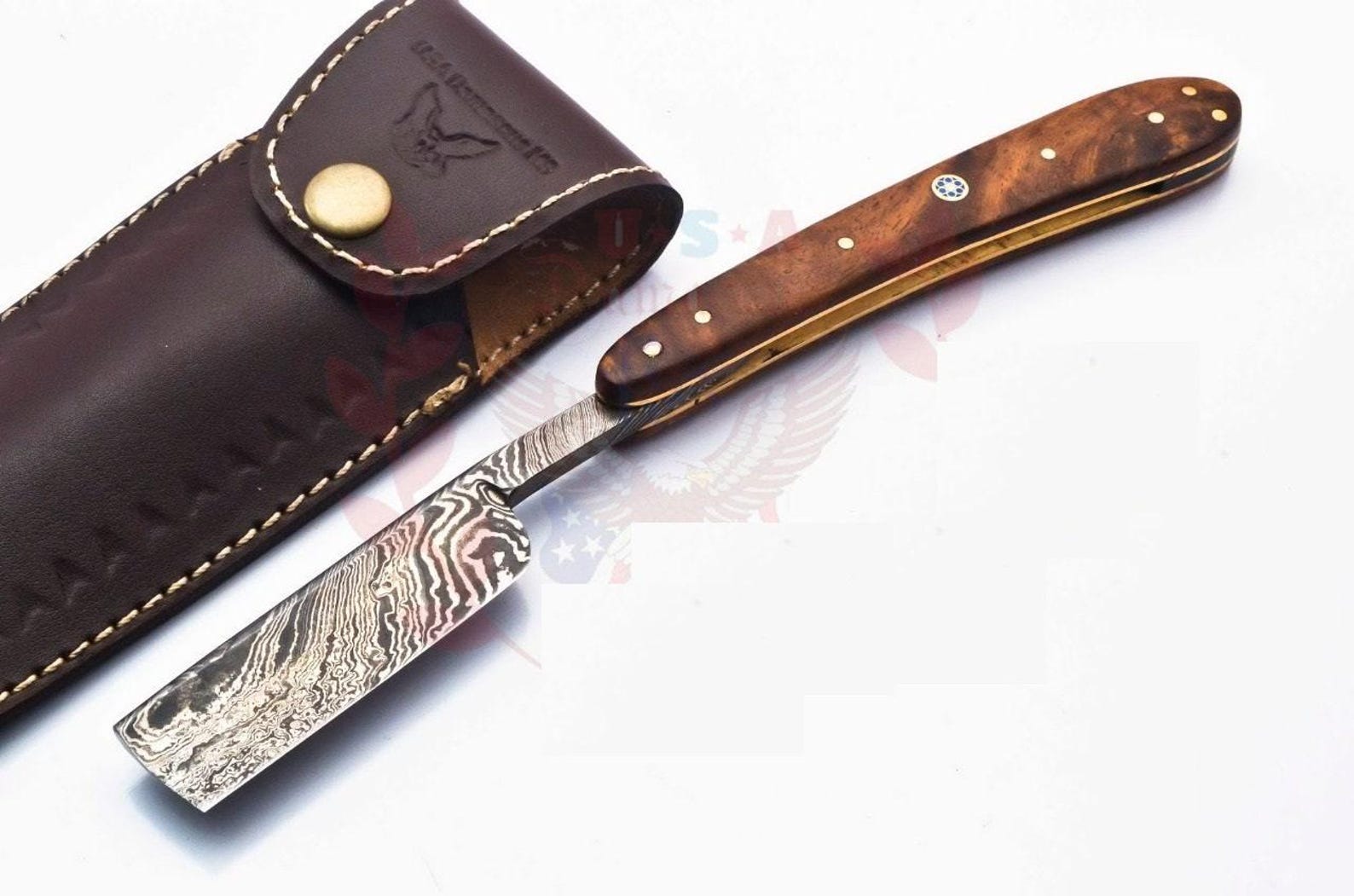 Personalized Damascus Folding Pocket Custom Blade Straight Razor very sharp with leather sheath