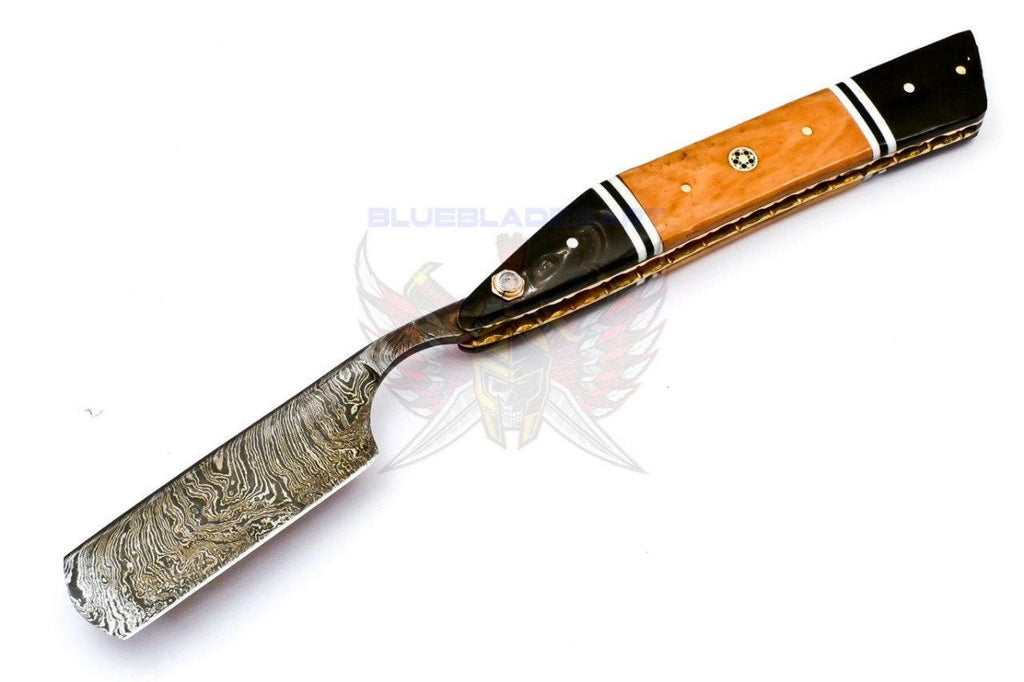 Personalized Damascus Folding Pocket Custom Blade Straight Razor very sharp with leather sheath