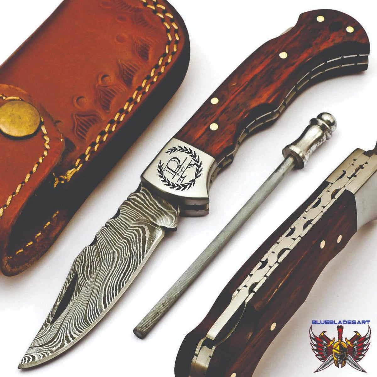 Handmade Damascus Pocket Knife Folding Knife comes with a knife sharpener, Gift For Groomsmen, Wedding Gift knife, Gift for Groom