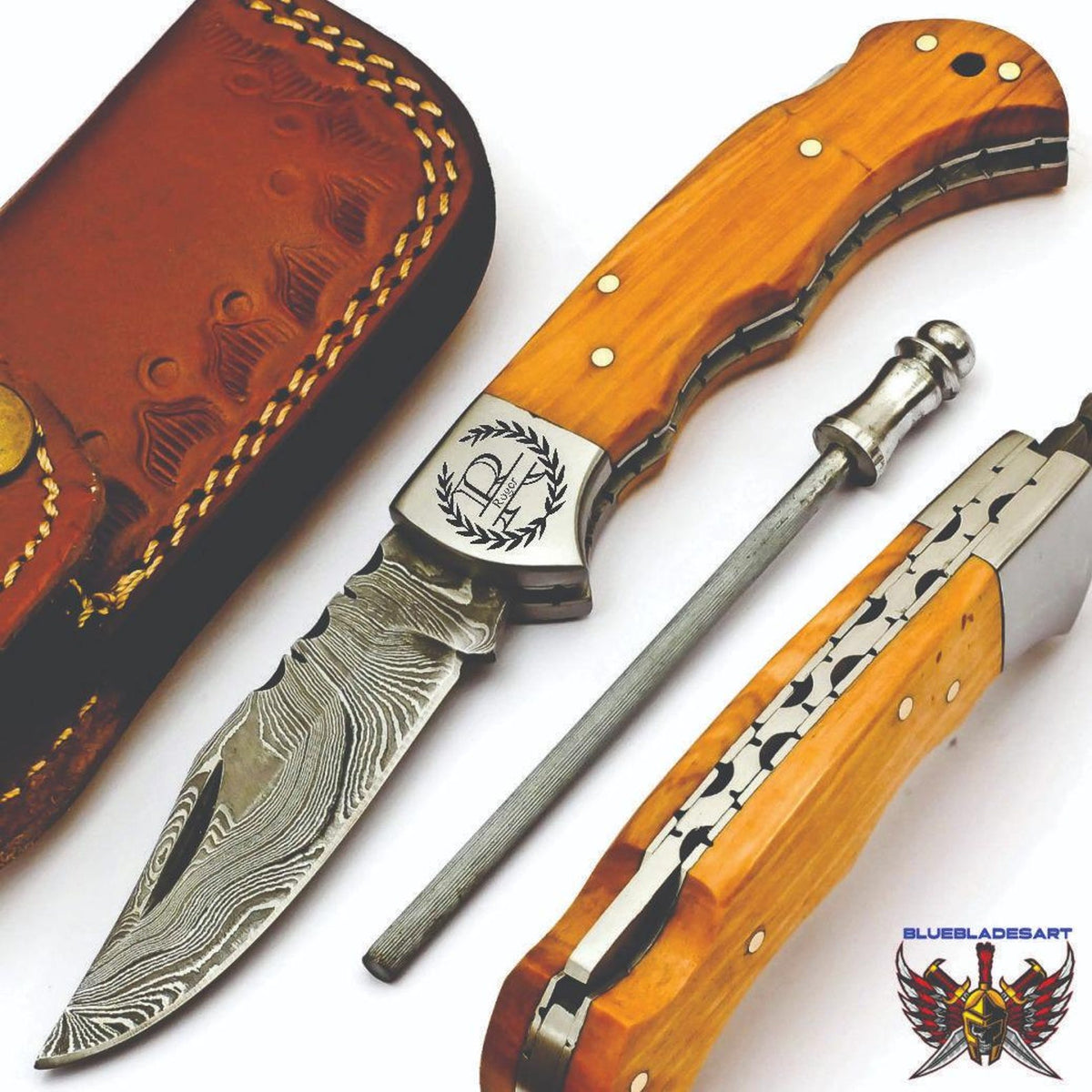 Handmade Damascus Pocket Knife Folding Knife comes with a knife sharpener, Gift For Groomsmen, Wedding Gift knife, Gift for Groom