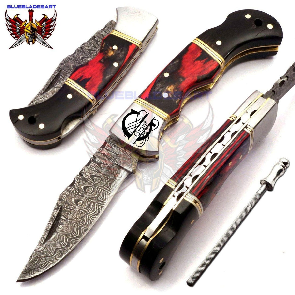 Handmade Damascus Pocket Knife Folding Knife comes with a knife sharpener, Gift For Groomsmen, Wedding Gift knife, Gift for Groom