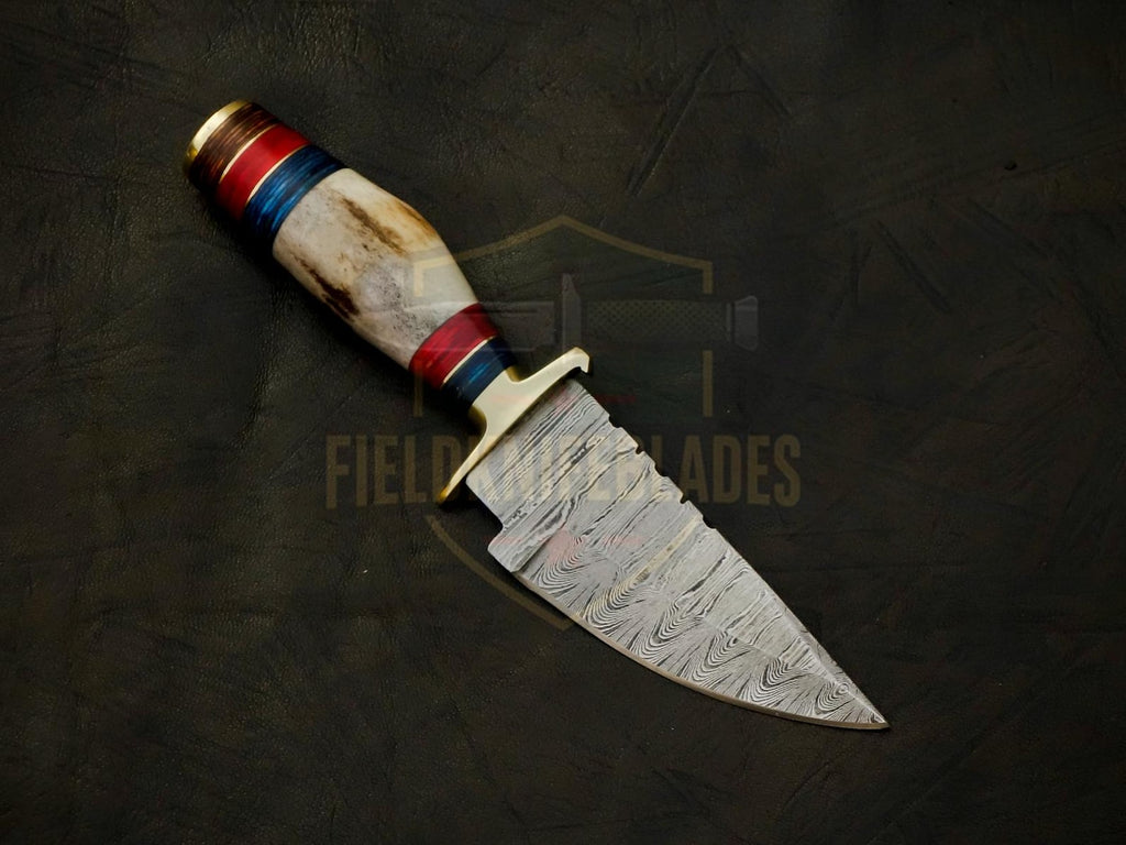 Personalized 6 inch Damascus Steel Hunting knife Handle Deer Antler W leather Cover