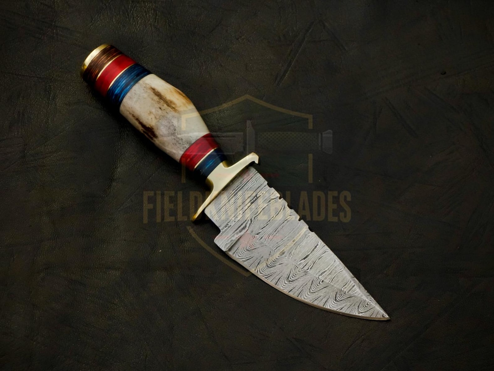 Personalized 6 inch Damascus Steel Hunting knife Handle Deer Antler W leather Cover