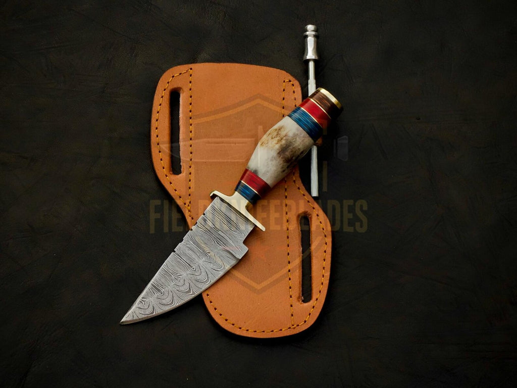 Personalized 6 inch Damascus Steel Hunting knife Handle Deer Antler W leather Cover