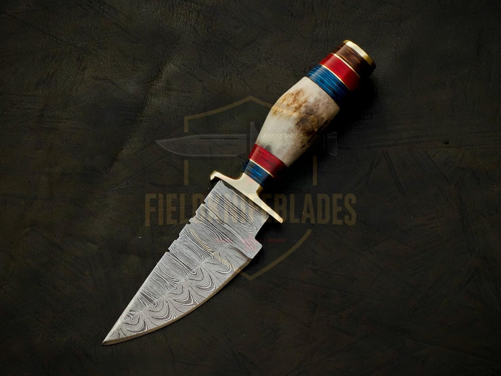 Personalized 6 inch Damascus Steel Hunting knife Handle Deer Antler W leather Cover