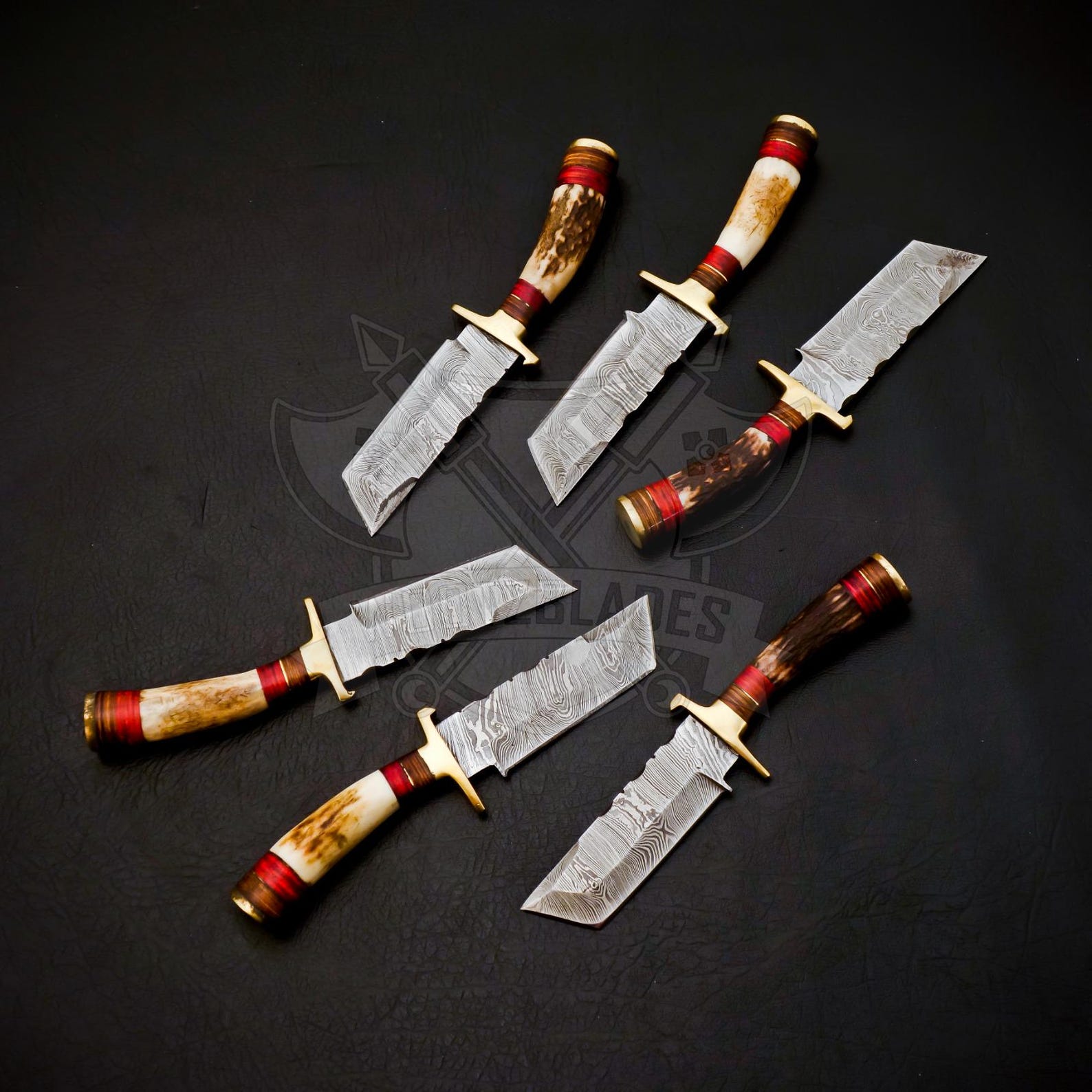 Personalized Set for Groomsmen Damascus Steel Hunting Tanto knife Handle Deer Antler