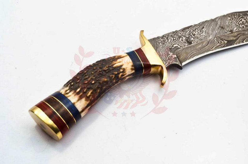 Personalized 10 inch Damascus Steel Hunting knife Handle Deer Antler W leather Cover