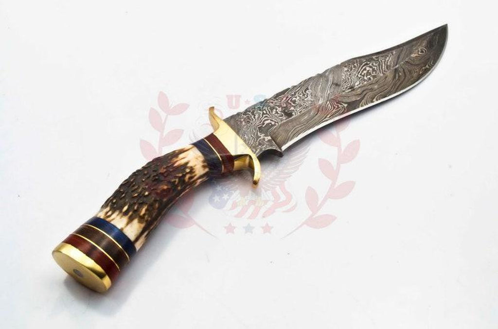 Personalized 10 inch Damascus Steel Hunting knife Handle Deer Antler W leather Cover