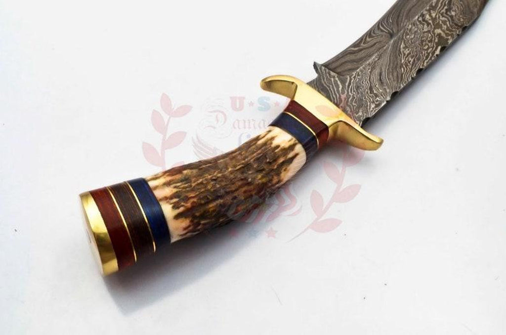 Personalized 10 inch Damascus Steel Hunting knife Handle Deer Antler W leather Cover