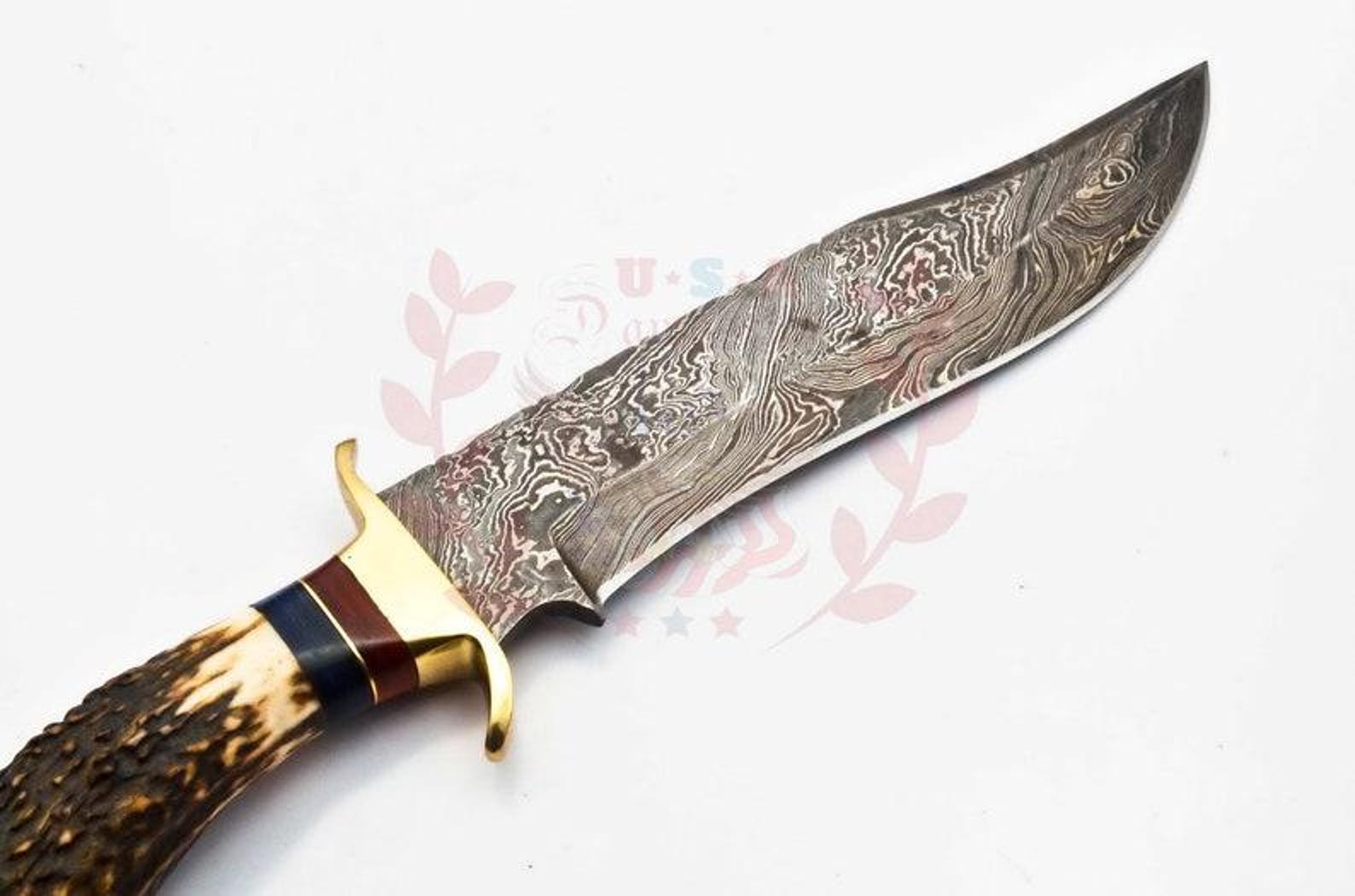 Personalized 10 inch Damascus Steel Hunting knife Handle Deer Antler W leather Cover