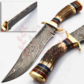 Personalized 10 inch Damascus Steel Hunting knife Handle Deer Antler W leather Cover