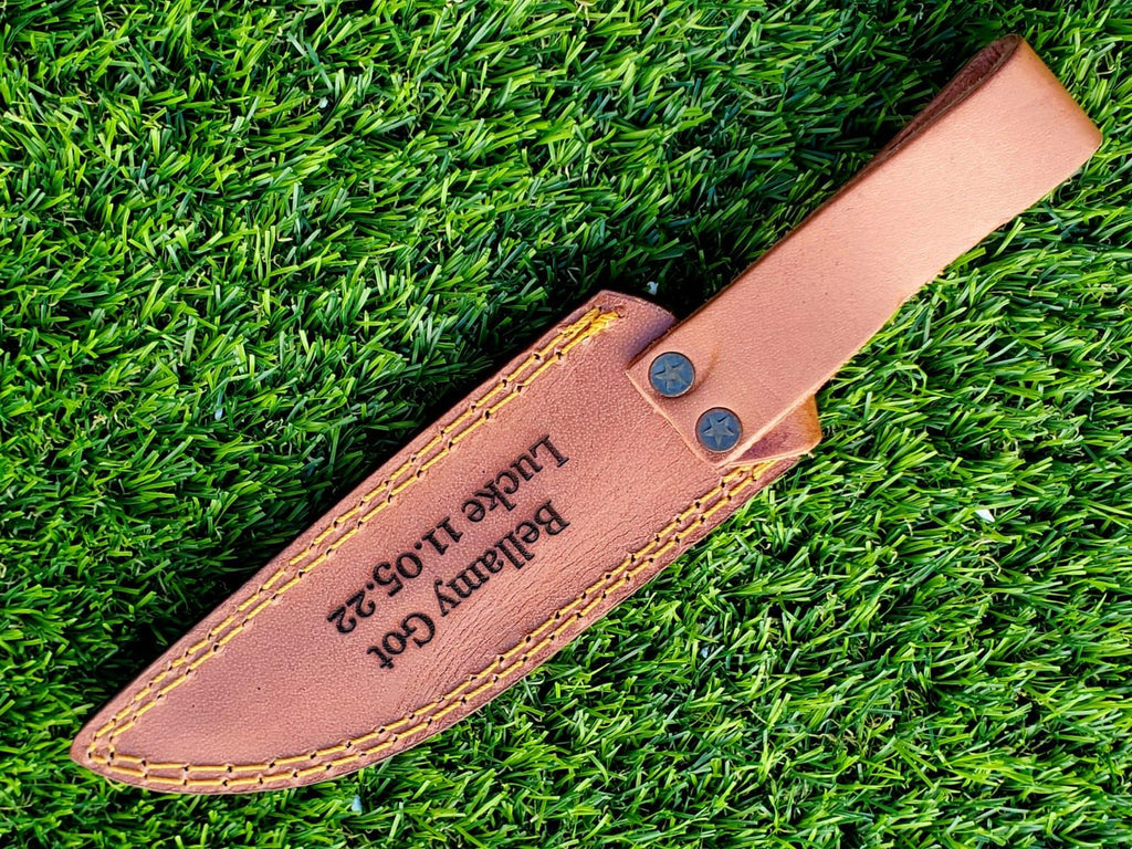 Personalized 10 inch Damascus Steel Hunting knife Handle Deer Antler W leather Cover