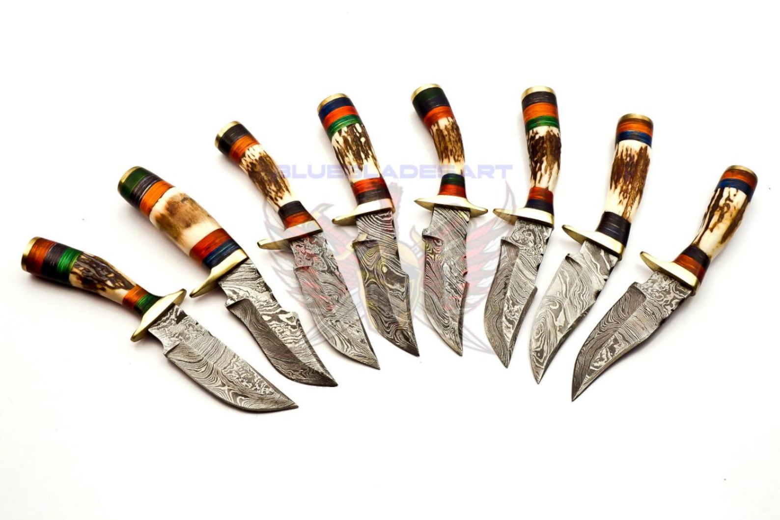 Personalized Set of 8 Groomsmen Damascus Steel Hunting Knife Handle Deer Antler