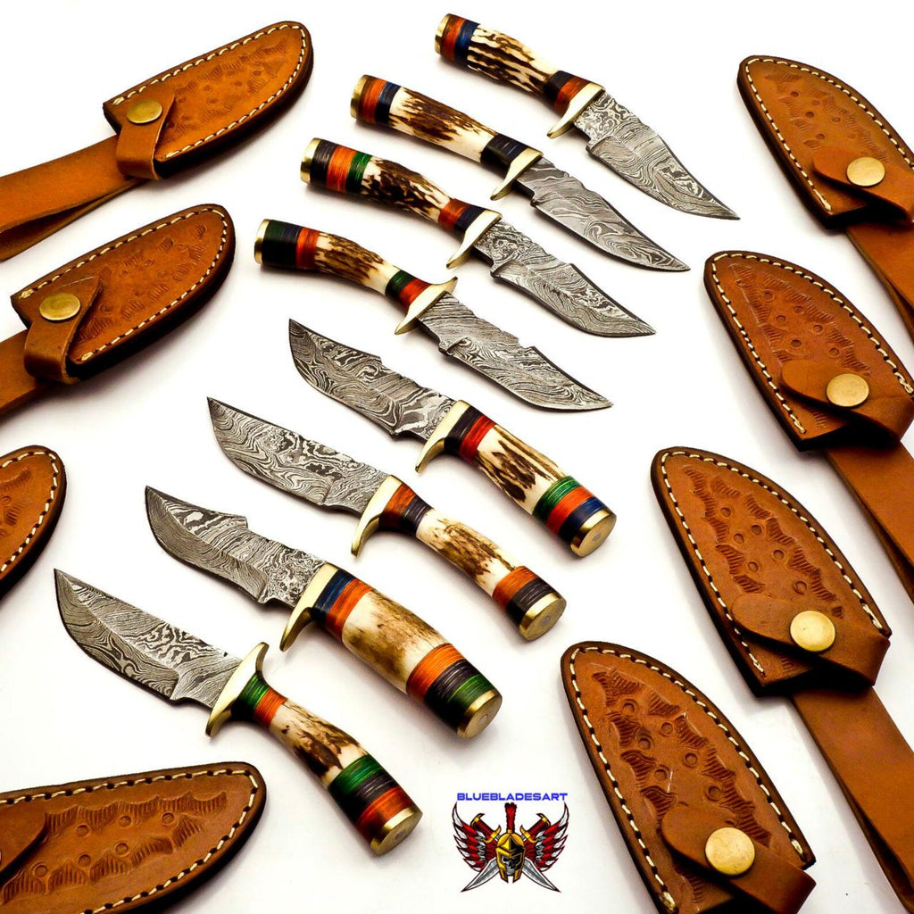 Personalized Set of 8 Groomsmen Damascus Steel Hunting Knife Handle Deer Antler