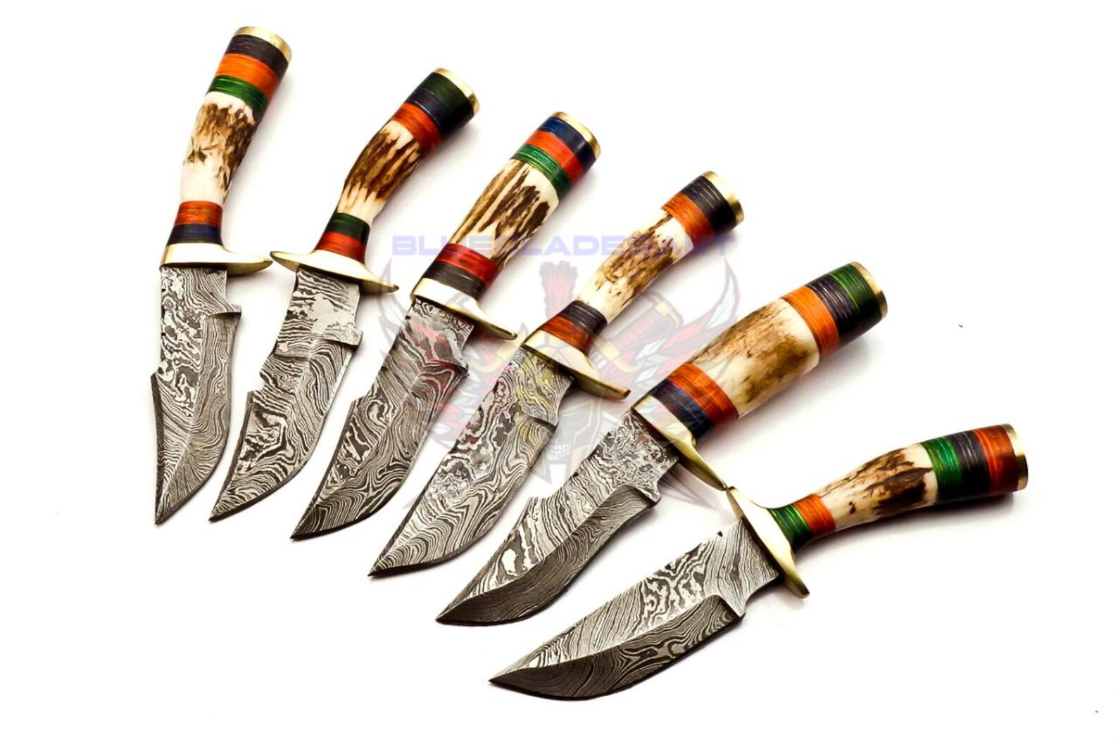 Personalized Set of 6 Groomsmen Damascus Steel Hunting Knife Handle Deer Antler