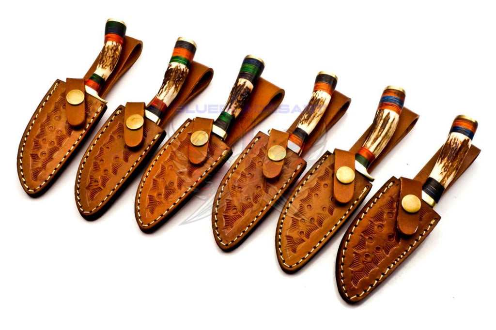Personalized Set of 6 Groomsmen Damascus Steel Hunting Knife Handle Deer Antler