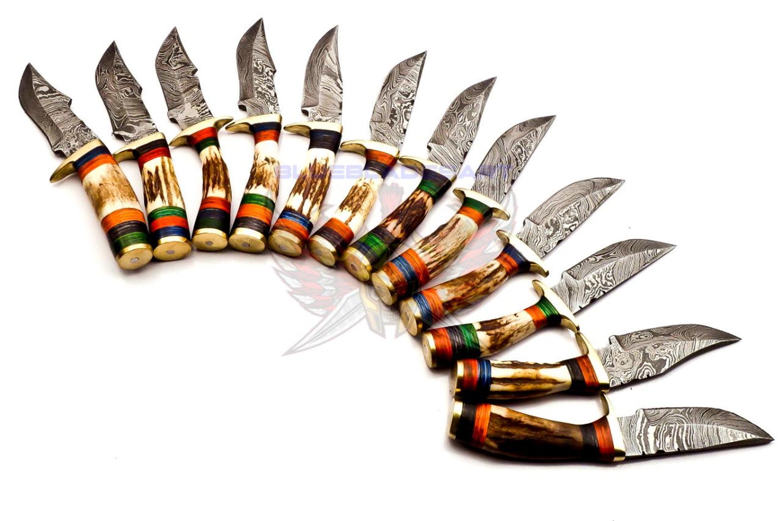 Personalized Set of 9 Groomsmen Damascus Steel Hunting Knife Handle Deer Antler