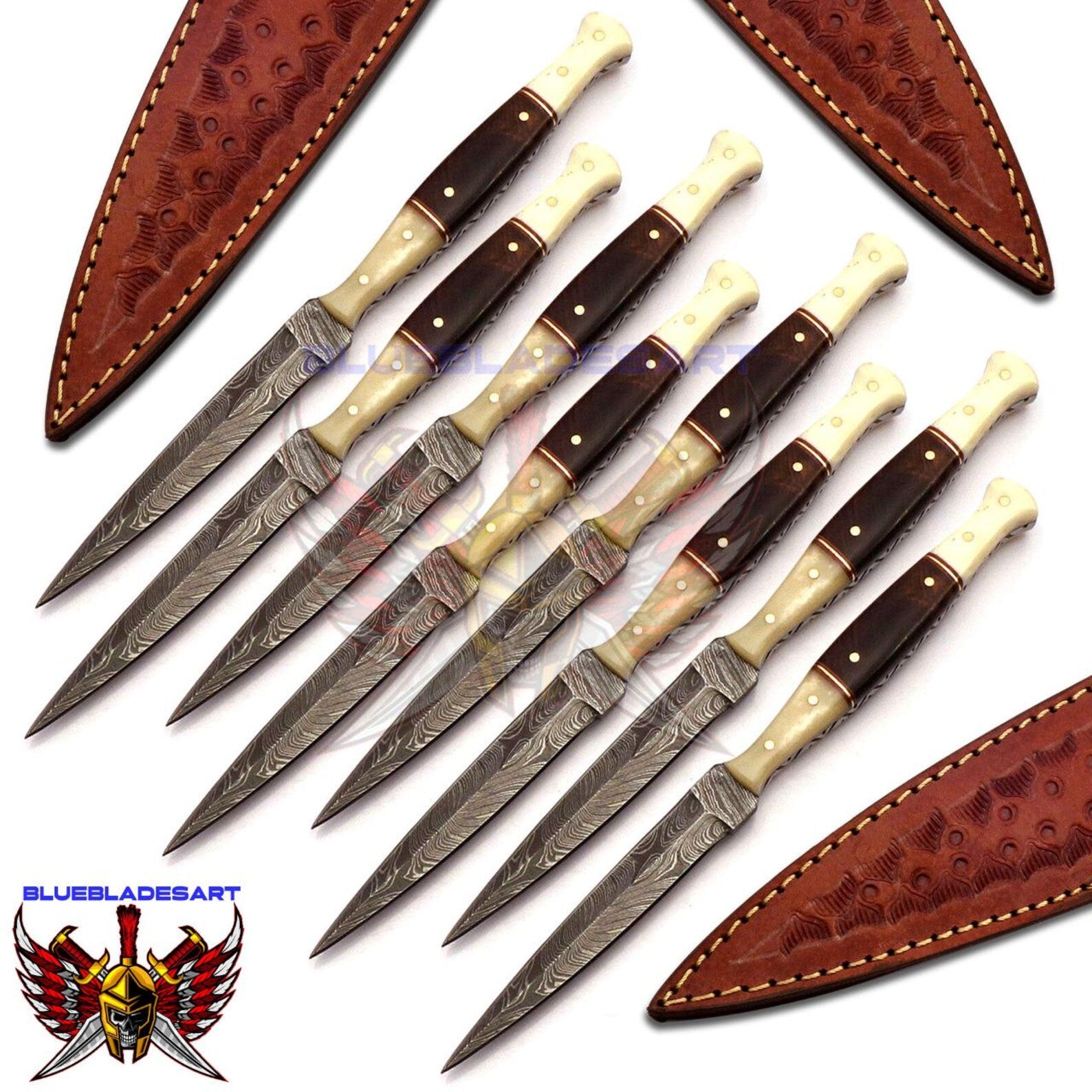 Personalized Set for Groomsmen Damascus Steel Hunting knife boot knife Handle made of Wood and Bone Weeding Gift