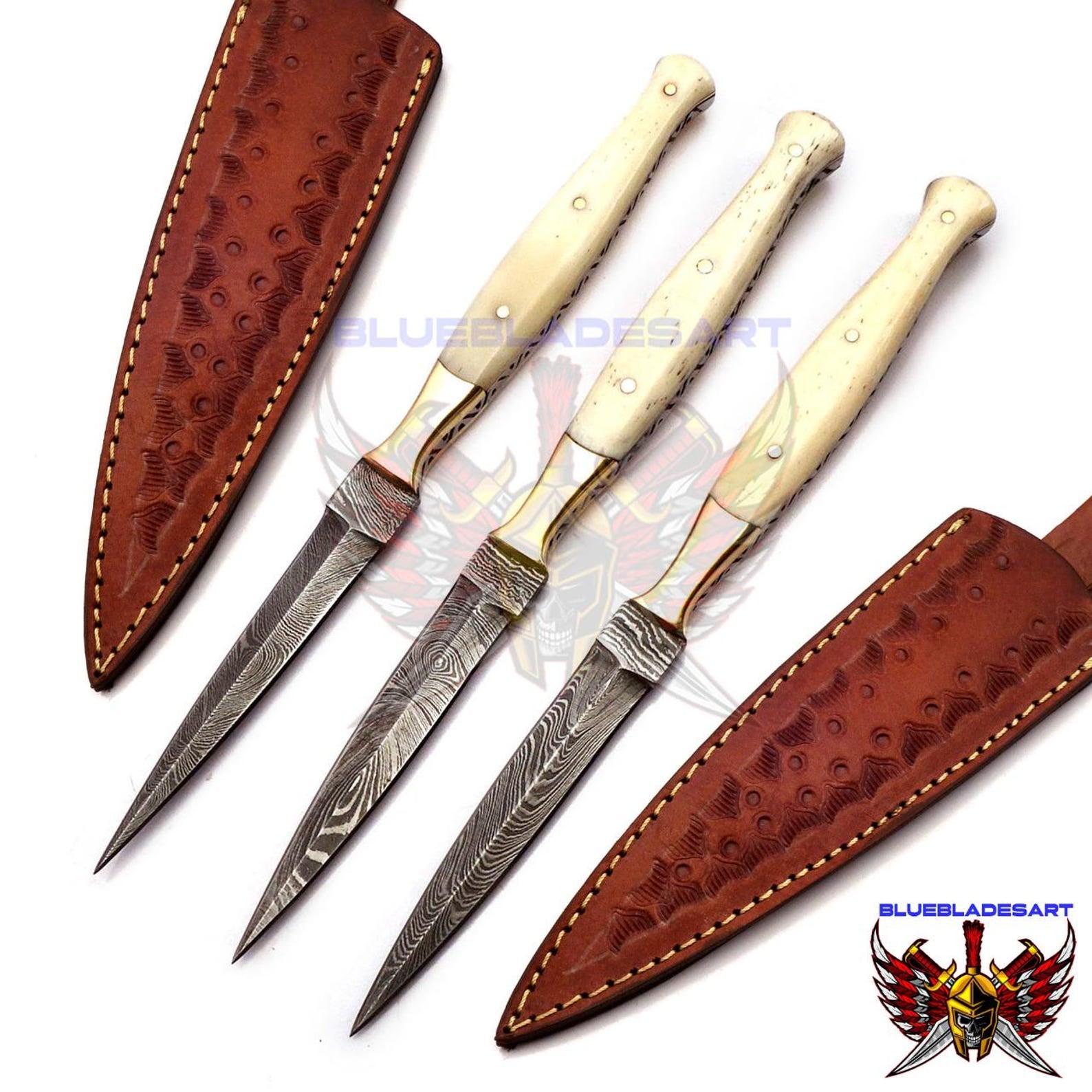 Personalized Set for Groomsmen Damascus Steel Hunting knife boot knife Handle made of Bone Weeding Gift