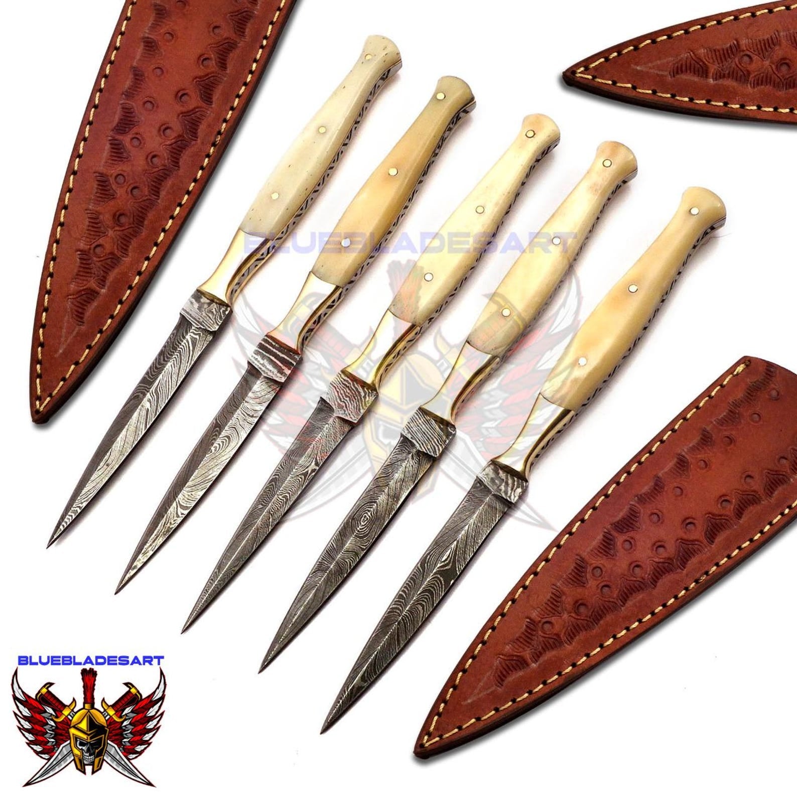 Personalized Set for Groomsmen Damascus Steel Hunting knife boot knife Handle made of Bone Weeding Gift