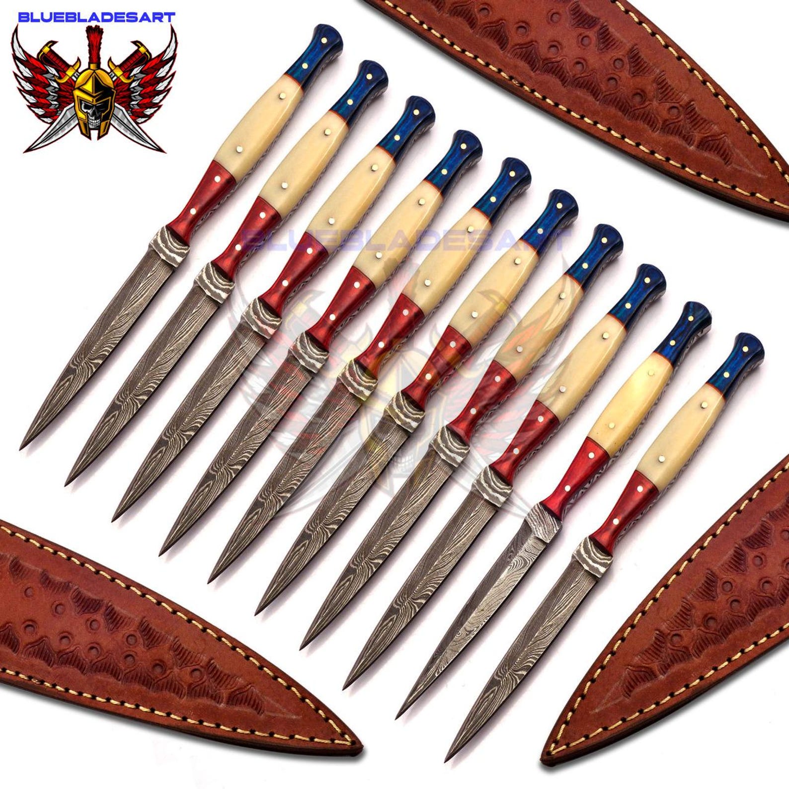 Personalized Set for Groomsmen Damascus Steel Hunting knife boot knife Handle made of Wood and Bone Weeding Gift