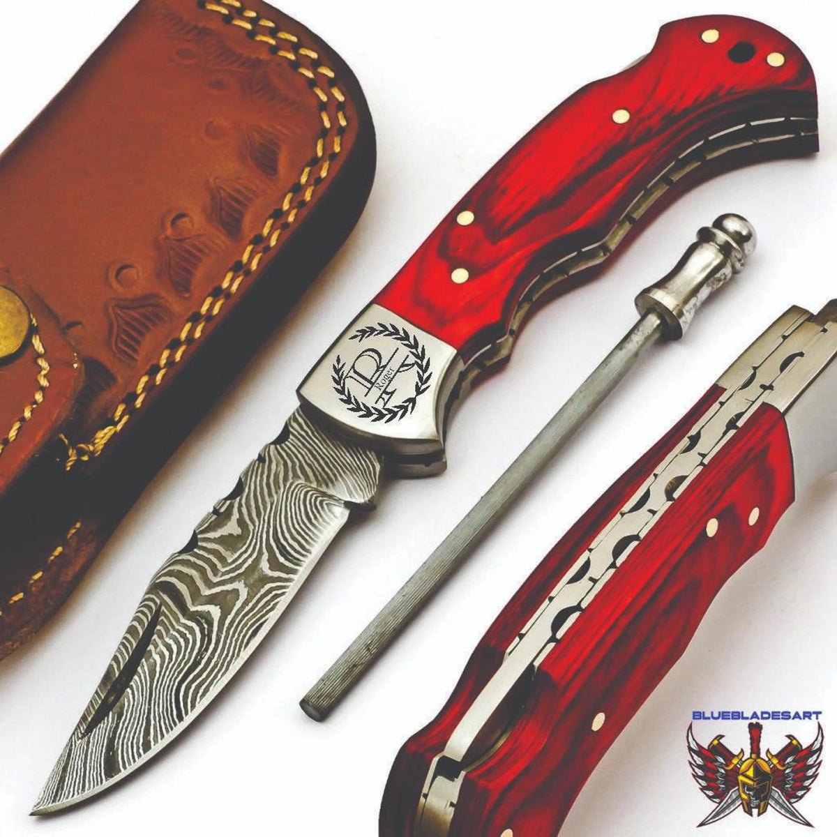 Handmade Damascus Pocket Knife Folding Knife comes with a knife sharpener, Gift For Groomsmen, Wedding Gift knife, Gift for Groom
