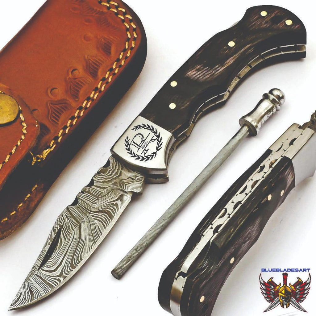 Handmade Damascus Pocket Knife Folding Knife comes with a knife sharpener, Gift For Groomsmen, Wedding Gift knife, Gift for Groom
