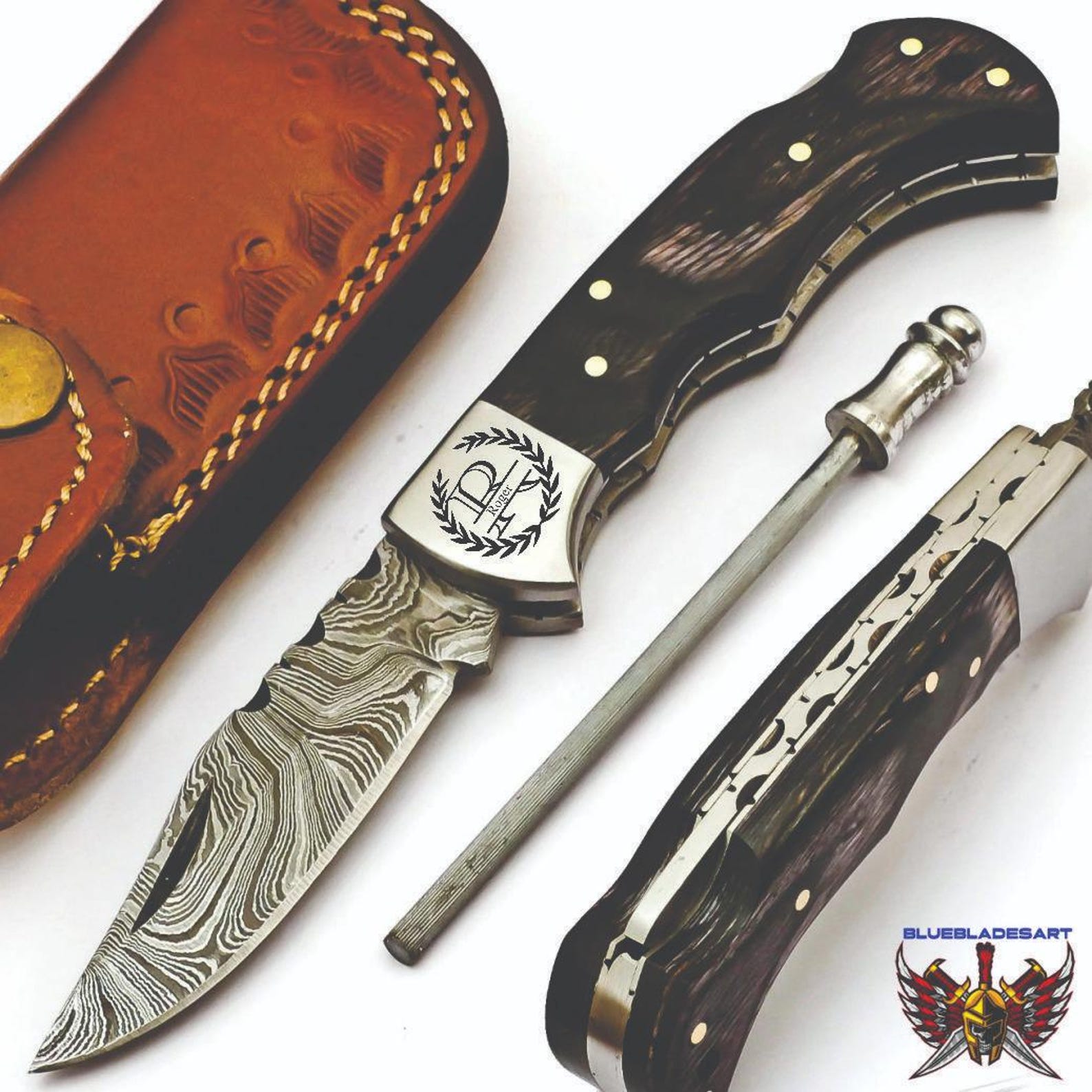 Handmade Damascus Pocket Knife Folding Knife comes with a knife sharpener, Gift For Groomsmen, Wedding Gift knife, Gift for Groom