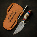 Personalized 6 inch Damascus Steel Hunting knife Handle Deer Antler W leather Cover